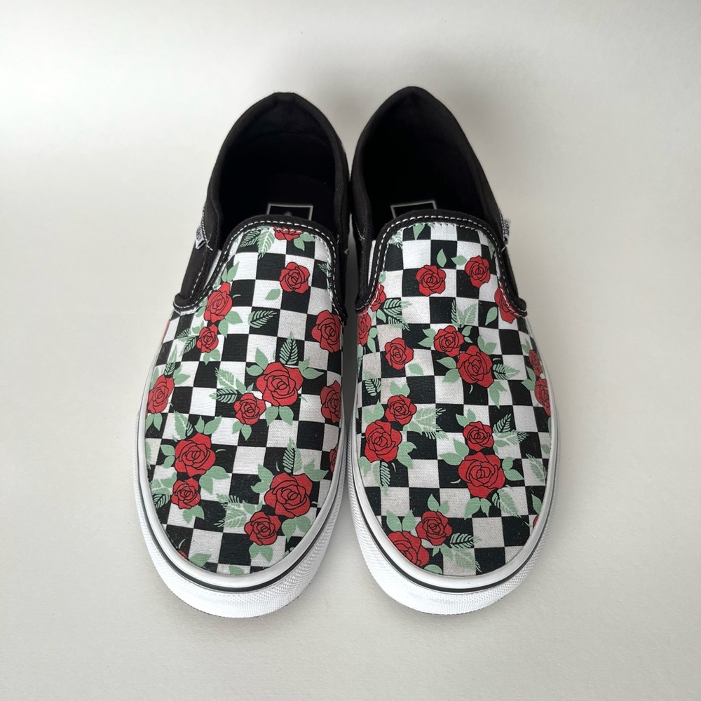 Vans Asher checkered skate slip on shoes. Rose on black and white.